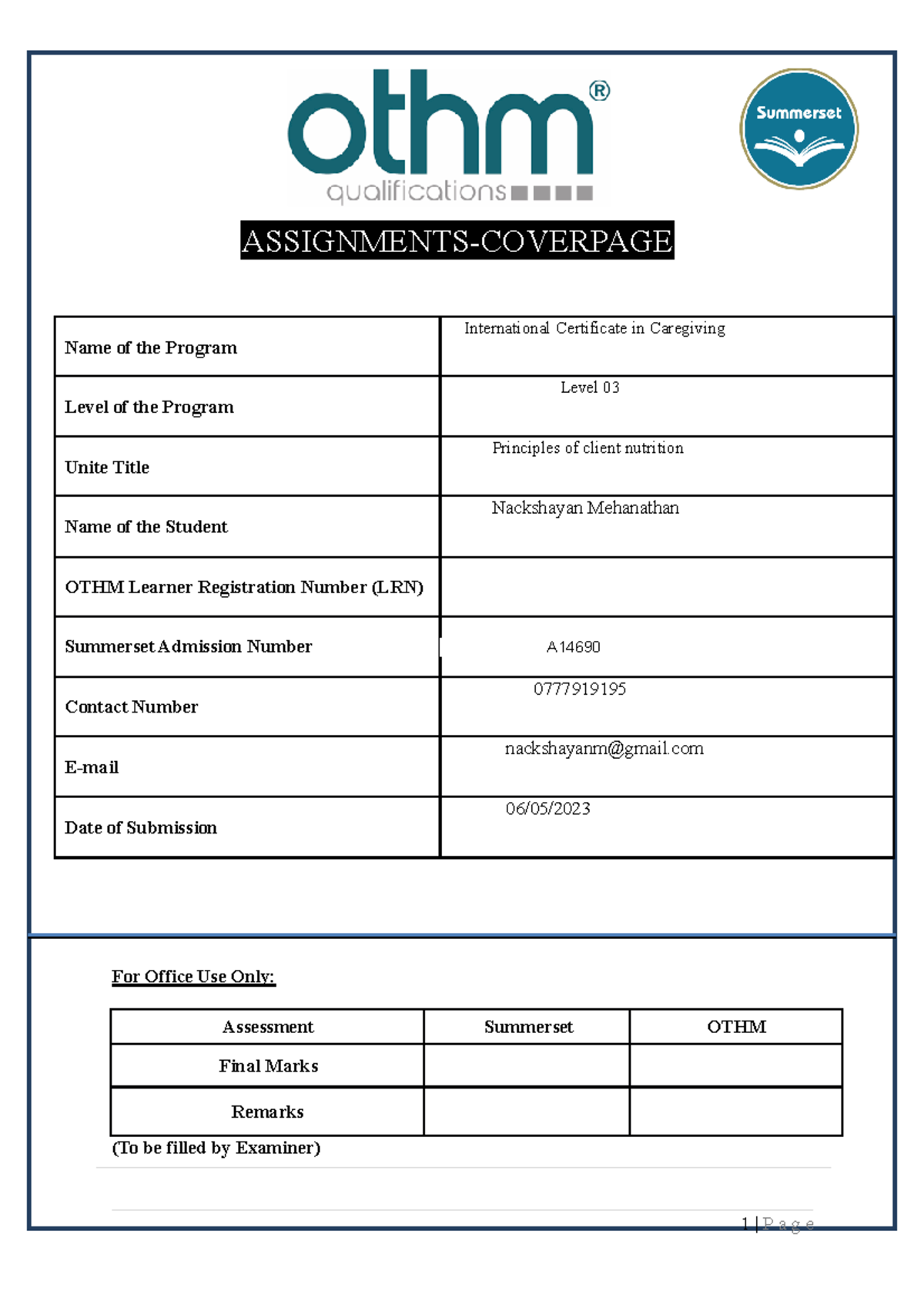 Assignment 04 - Principles of client nutrition - ASSIGNMENTS-COVERPAGE ...