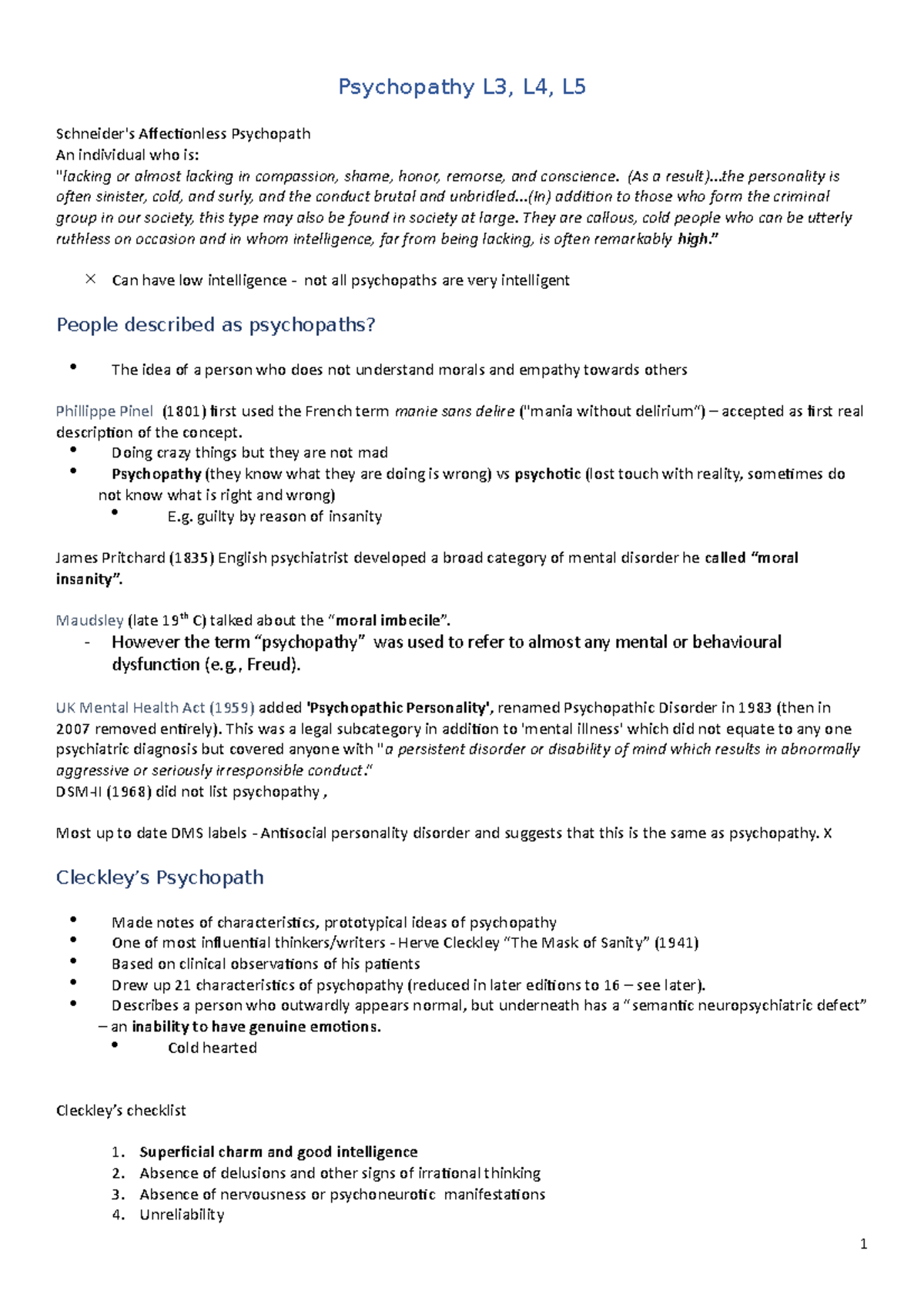 Psychopathy, methods of assessment - Psychopathy L3, L4, L Schneider's ...