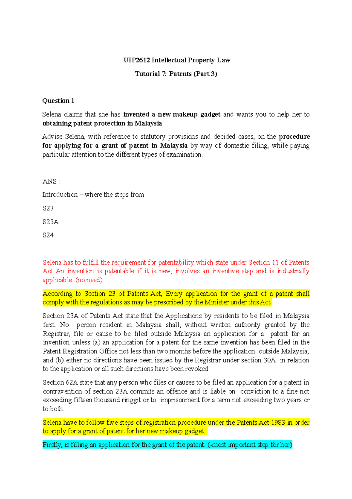 IPL Tutorial 7 (Patents Part 3) - UIP2612 Intellectual Property Law ...