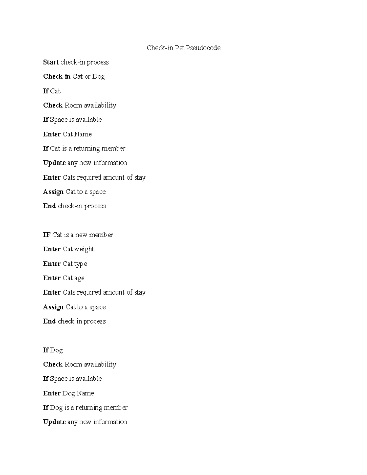 Samara Roddy Check-In Process - Check-in Pet Pseudocode Start check-in ...