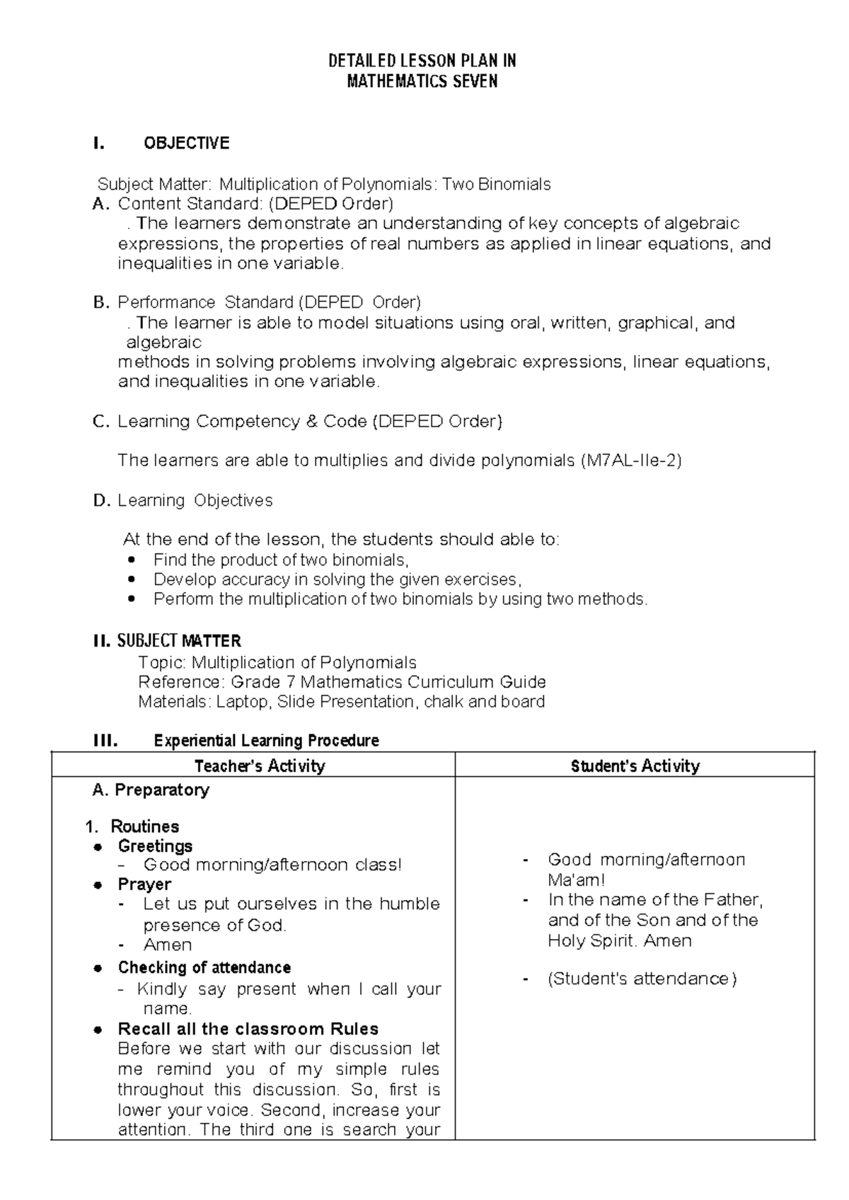 Detailed Lesson PLAN IN Mathematics Seven 2 - DETAILED LESSON PLAN IN ...