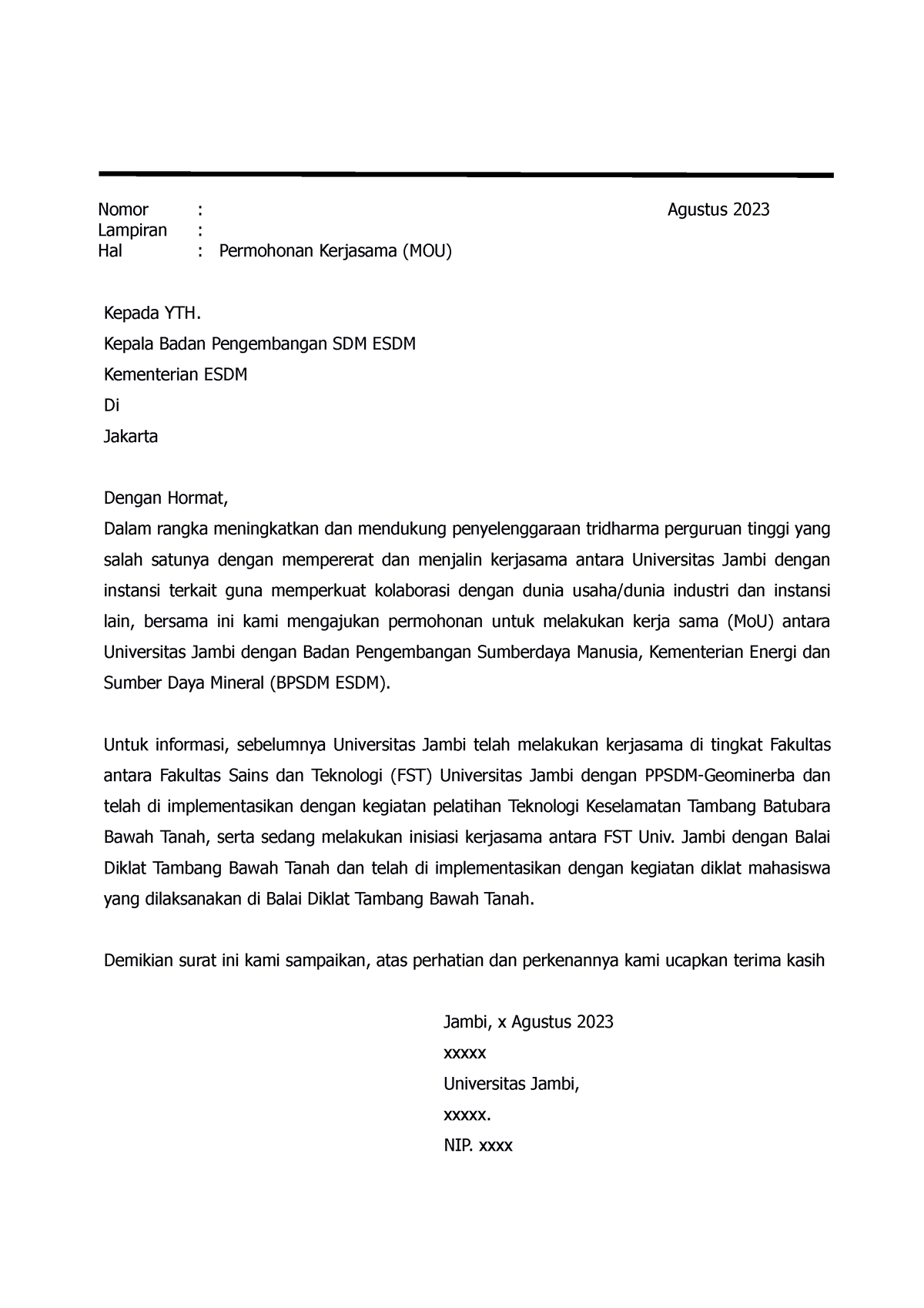 Surat Permohonan Kerjasama Bpsdm - Nomor : Agustus 2023 Lampiran : Hal ...