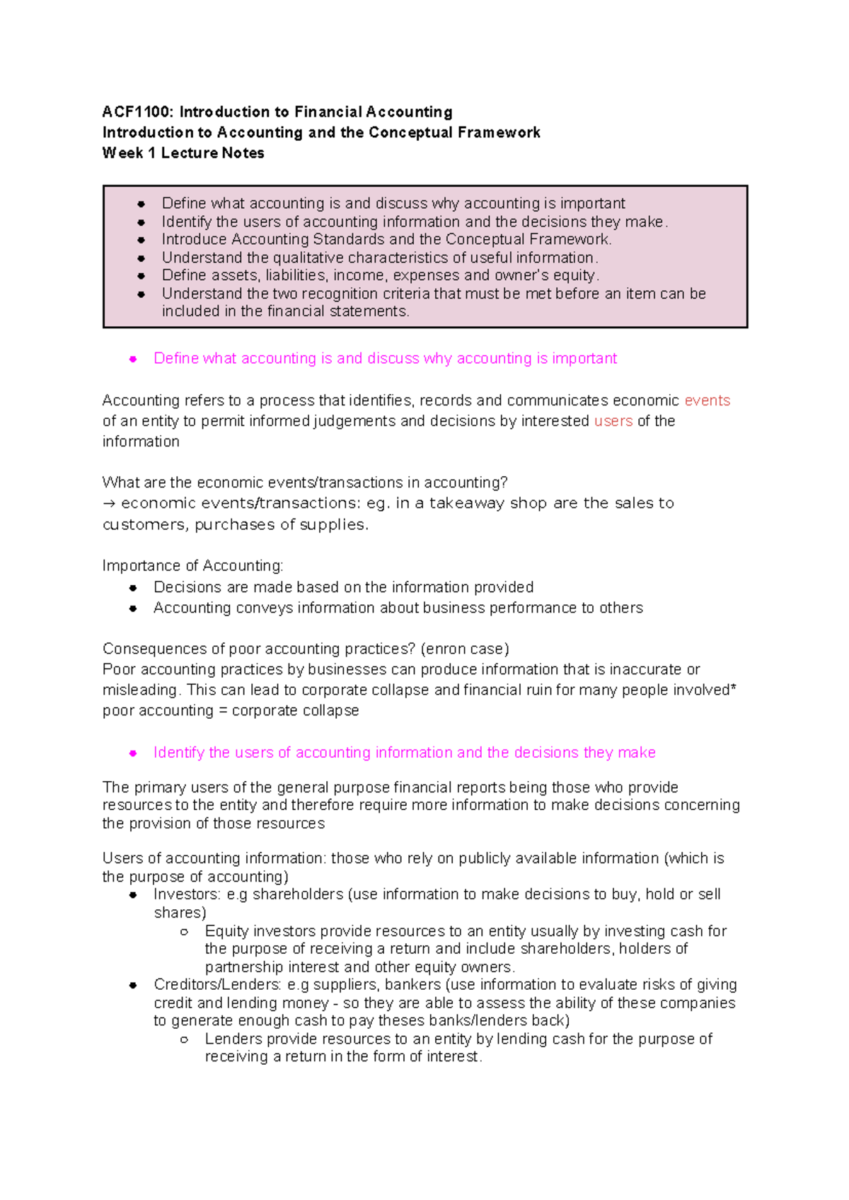 Acf1100 Wk 1 Lecture Notes Acf1100 Introduction To Financial
