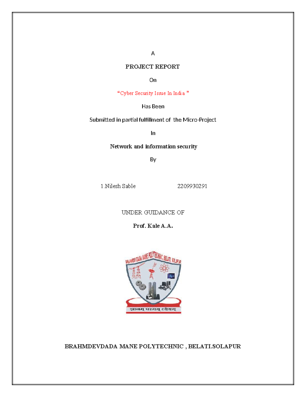 NIS final microproject - A PROJECT REPORT On “Cyber Security Issue In ...