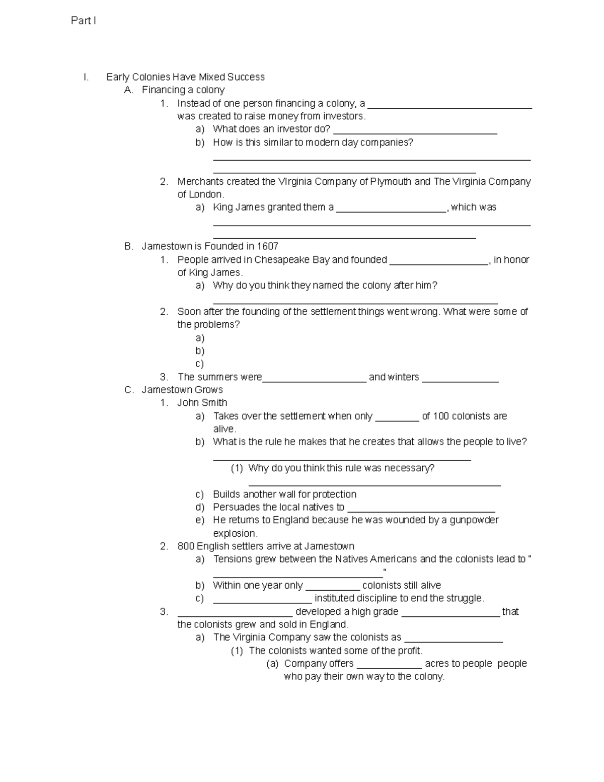 Creating Colonies Part 1 Notes - Part I I. Early Colonies Have Mixed ...