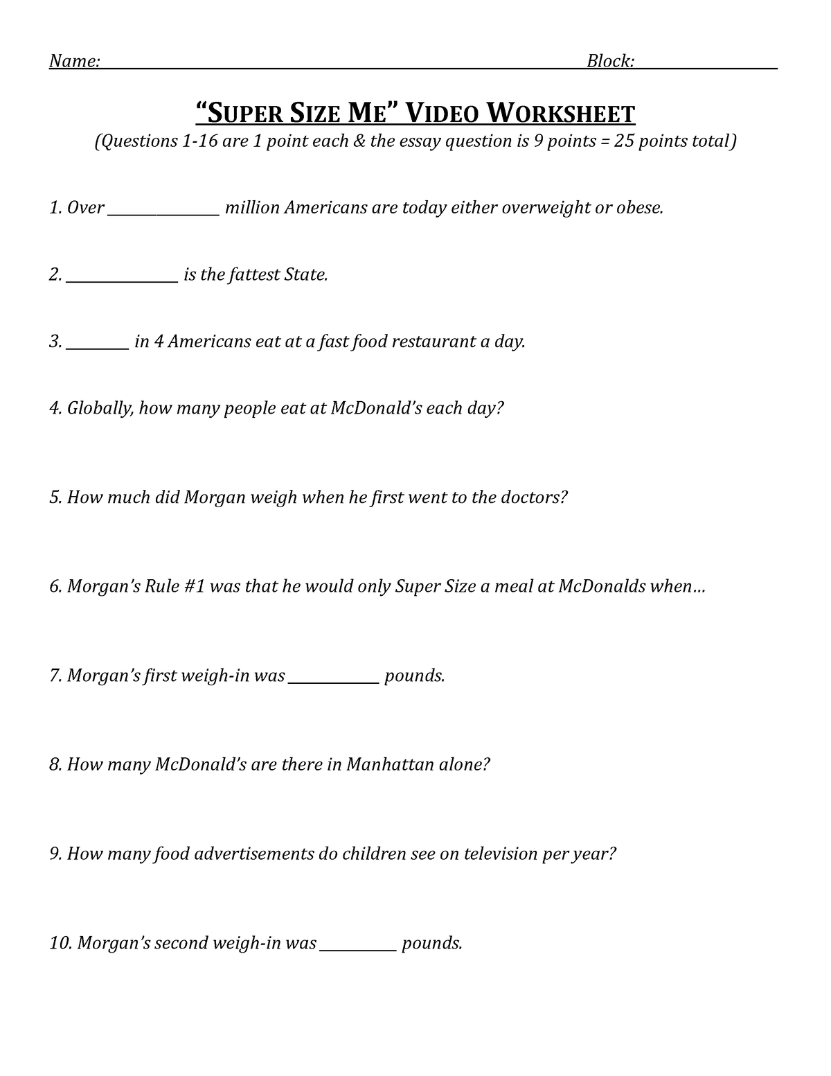 Supersize Me Worksheet Answers