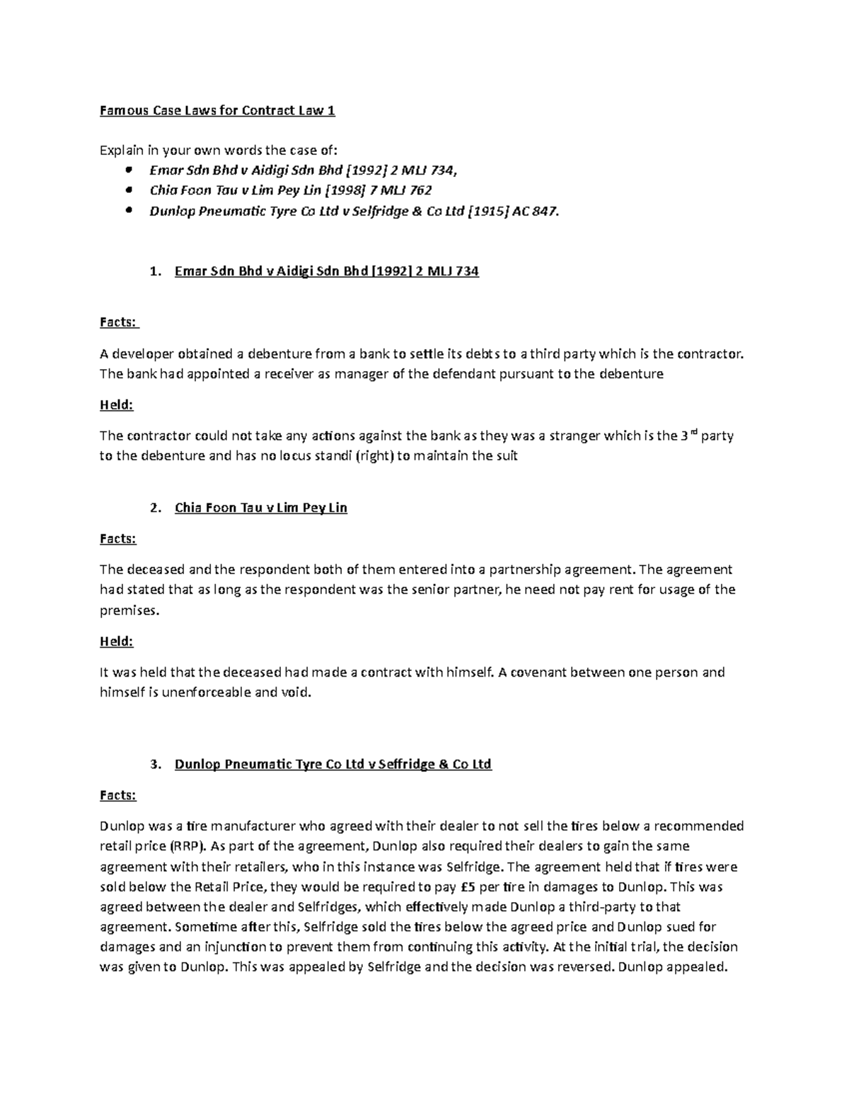 Famous CASE LAWS FOR Contracts 1 Contract Law I MMU Studocu