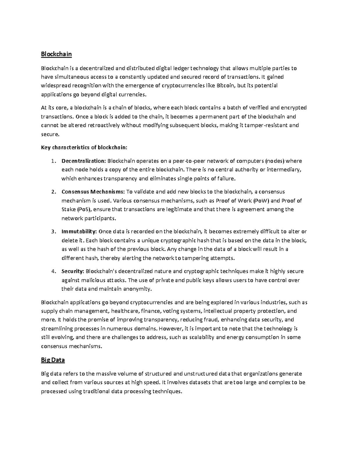 Short notes - Blockchain - Blockchain Blockchain is a decentralized and ...