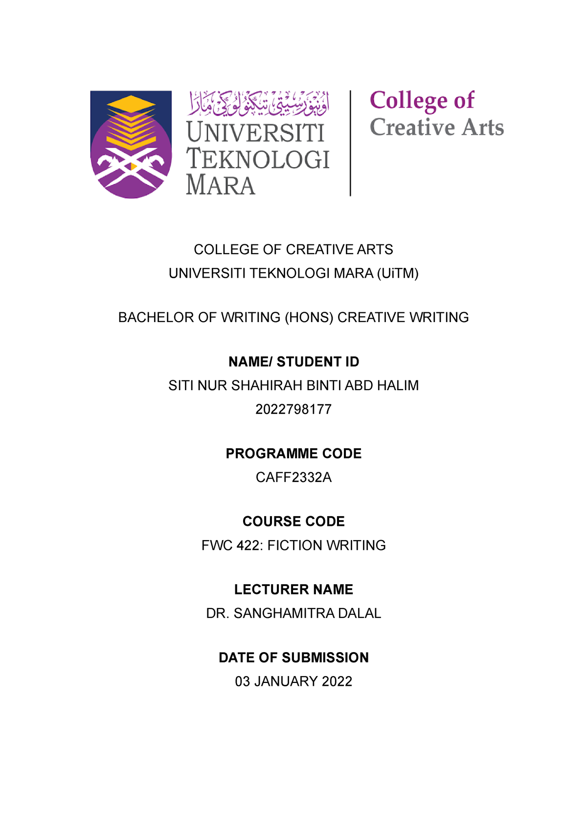 FWC422 A2 ( Fiction Writing) - COLLEGE OF CREATIVE ARTS UNIVERSITI ...