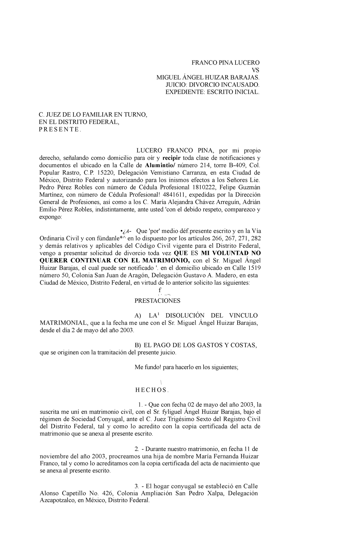 Divorcio Incausado - FRANCO PINA LUCERO VS MIGUEL ÁNGEL HUIZAR BARAJAS ...