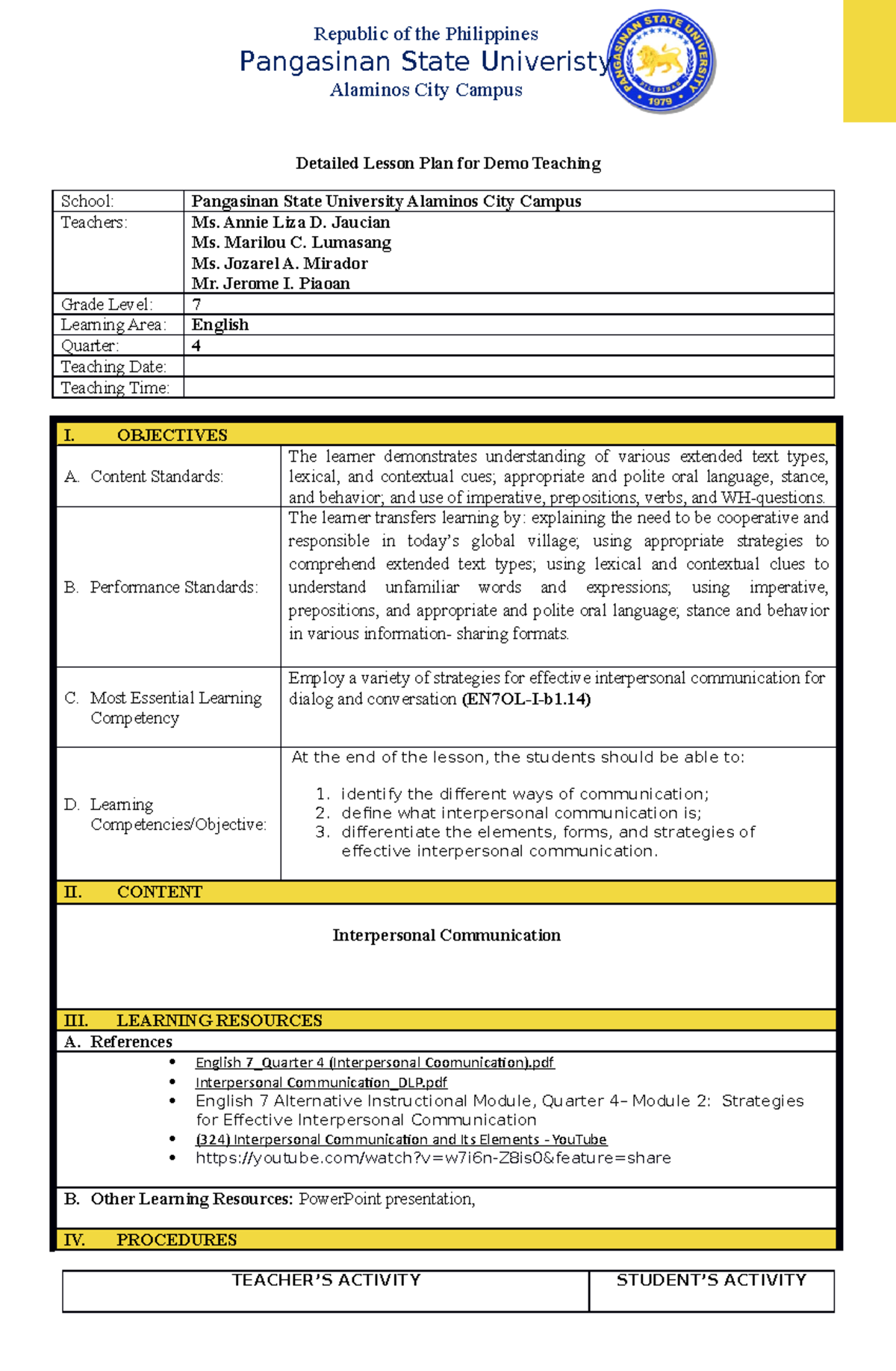 Exit Demo Final Template 1 - Detailed Lesson Plan for Demo Teaching ...