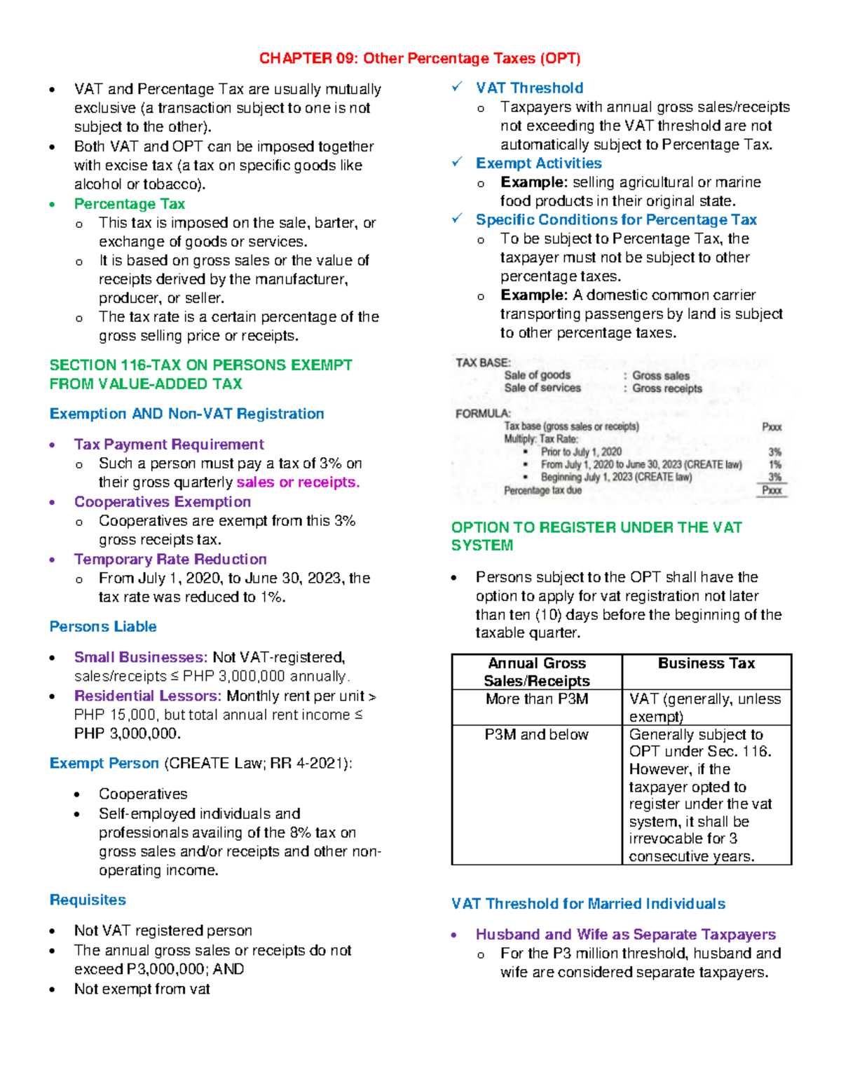 Bus Tax Notes Chapter-09 - CHAPTER 09: Other Percentage Taxes (OPT) VAT ...