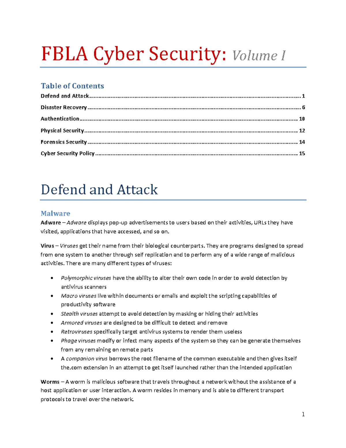 voll vol bvolllh - FBLA Cyber Security: Volume I Table of Contents ...