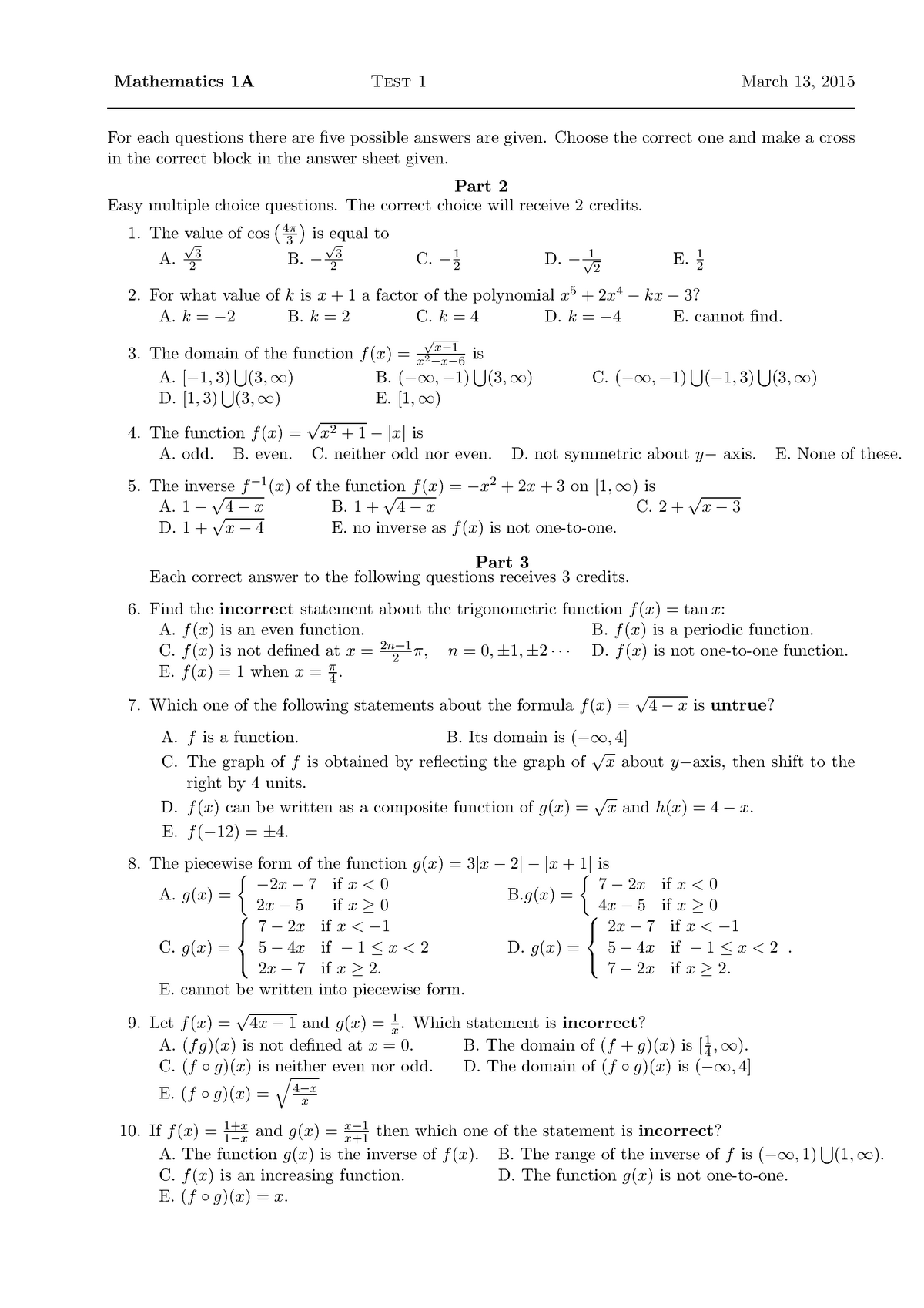 Math131 Test 1 2015 - PAST PAPER - Mathematics 1A Test 1 March 13, 2015 ...