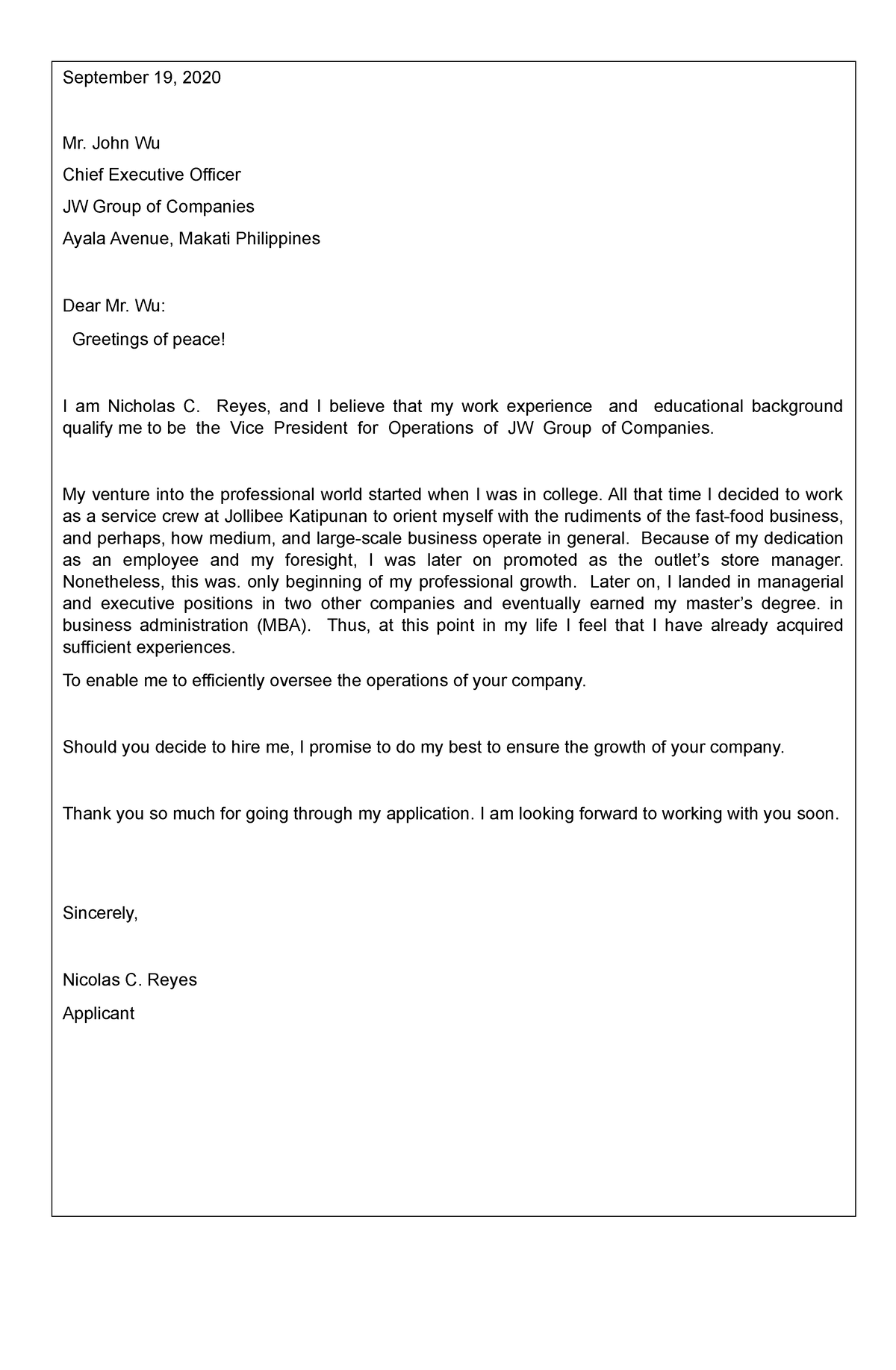 Sample-application-letter - September 19, 2020 Mr. John Wu Chief ...