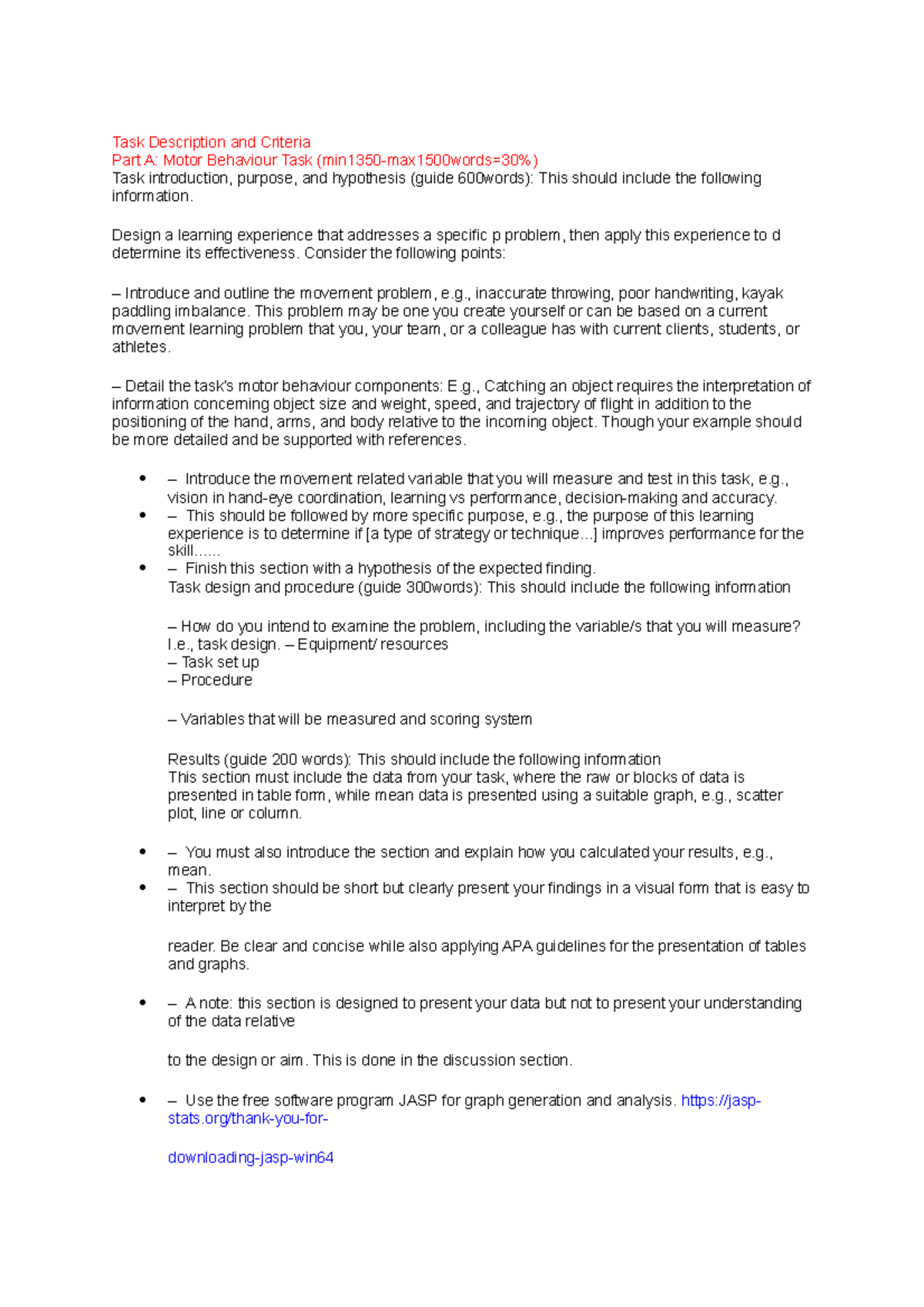 Motor control - practice materials - Task Description and Criteria Part ...