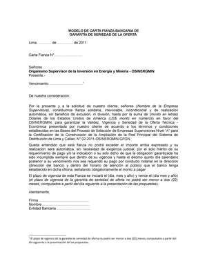 09 Modelo de Cartas Fianzas - MODELO DE CARTA FIANZA BANCARIA DE GARANTÍA  DE SERIEDAD DE LA OFERTA - Studocu