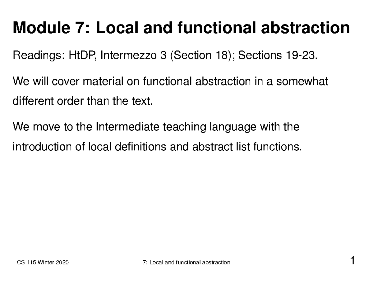 Module 7 Local and Abstraction Module 7 Local and functional