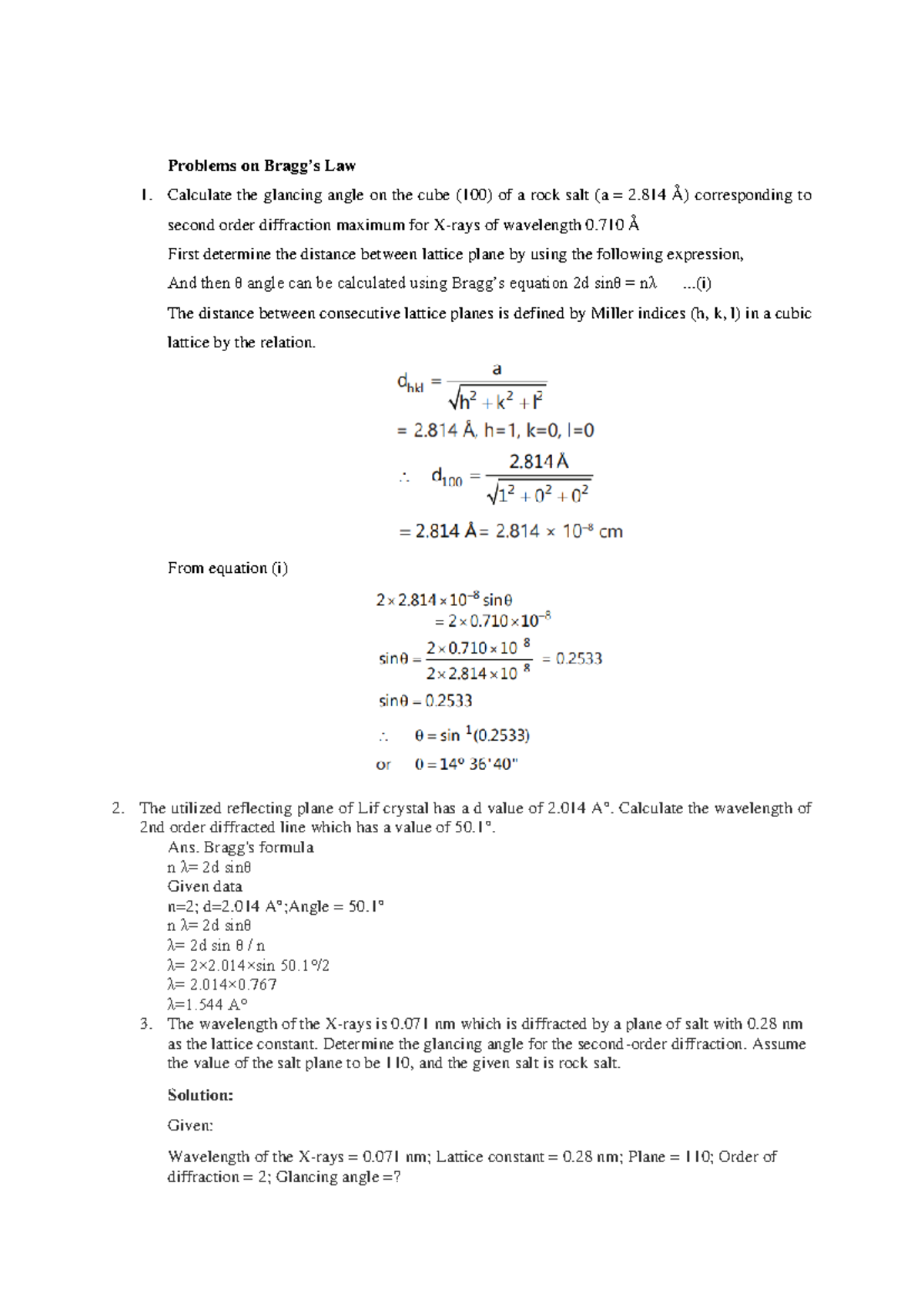 Bragg's exercises - ..... - Problems on Bragg’s Law Calculate the ...