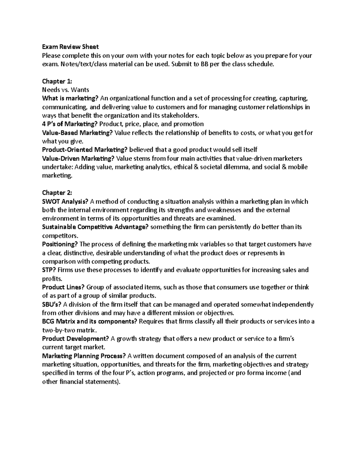 Exam Review Sheet - Exam Review Sheet Please complete this on your own ...