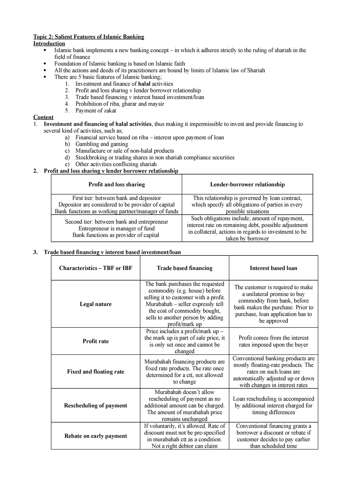 Topic 2 Notes - summay - Topic 2: Salient Features of Islamic Banking ...