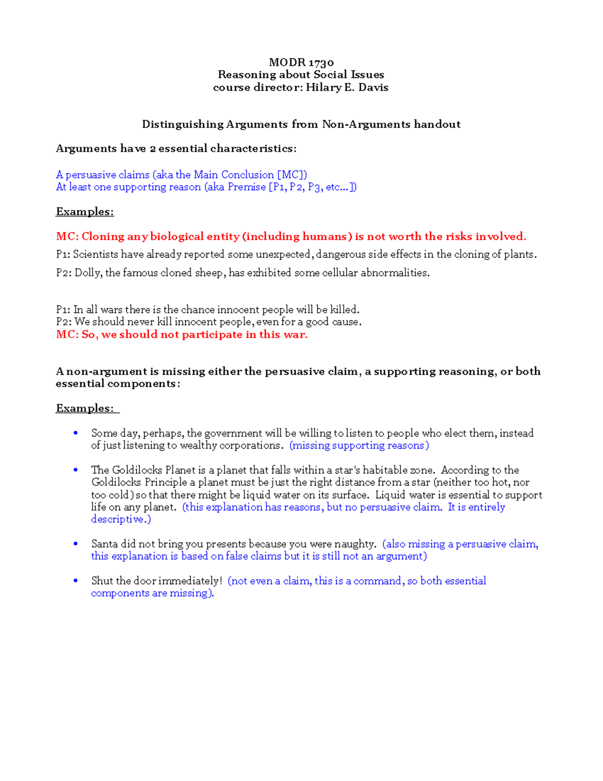 Argument non-argument handout - MODR 1730 Reasoning about Social Issues ...