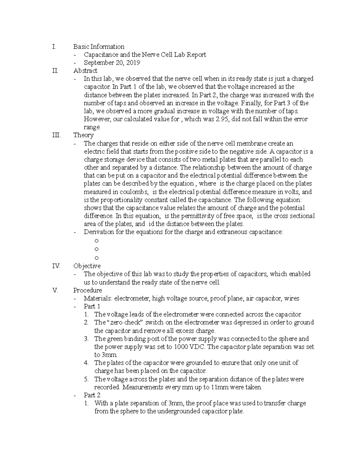 Capacitance and the Nerve Cell Lab Report I. Basic Information