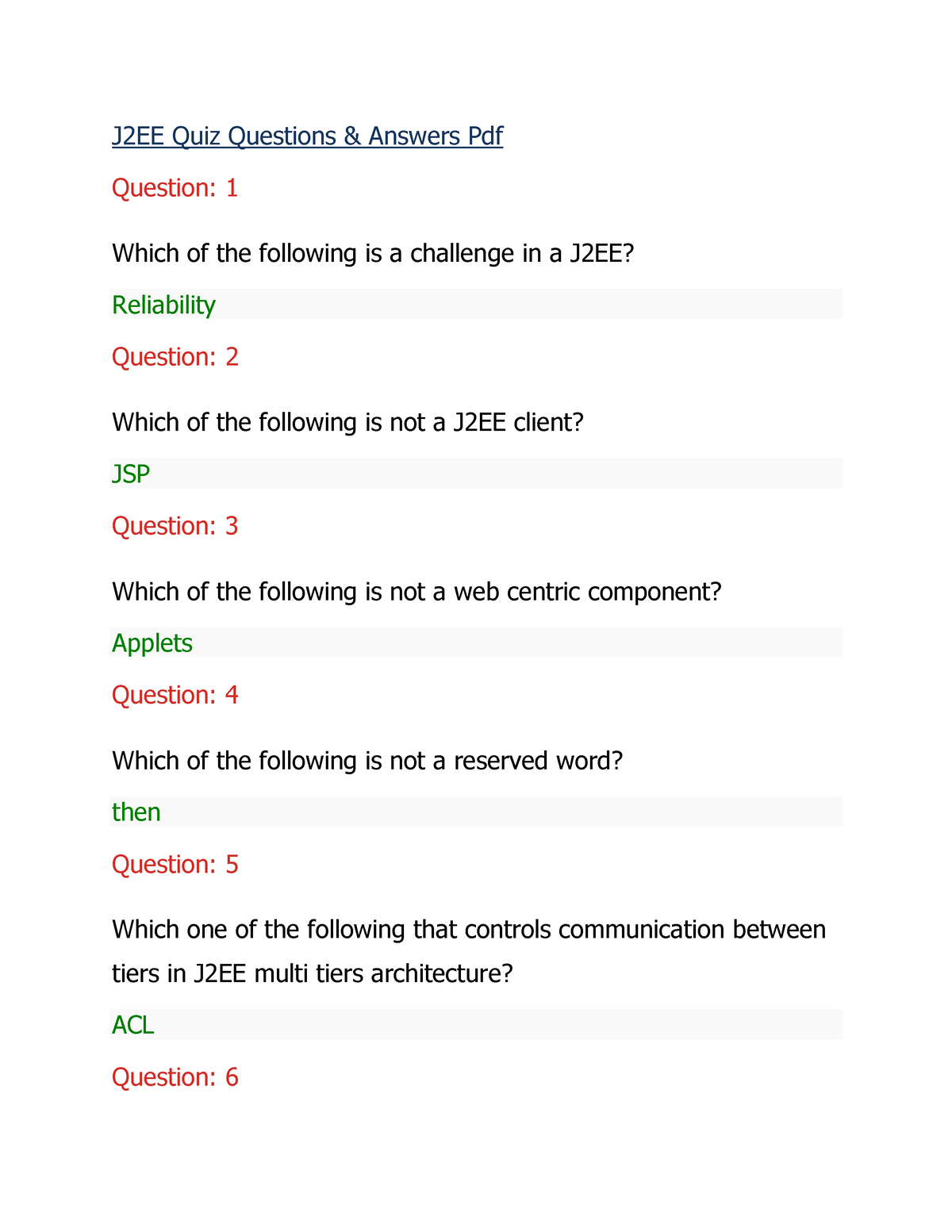 J2ee quiz questions answers J2EE Quiz Questions & Answers Pdf