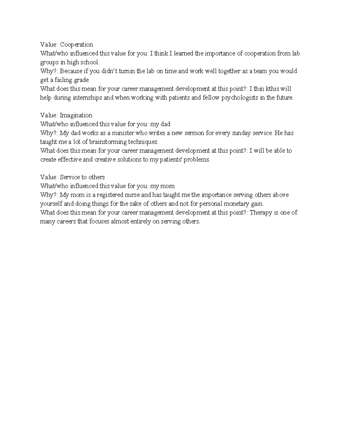 CLA values assignment - Value: Cooperation What/who influenced this ...