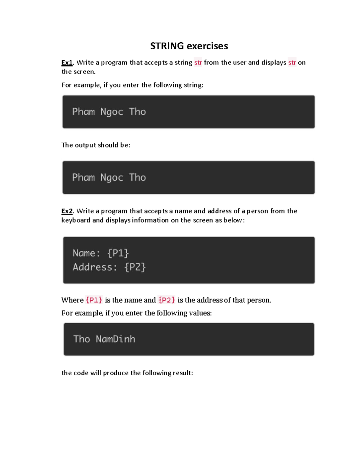 G- String exercises - gud - STRING exercises Ex1. Write a program that ...