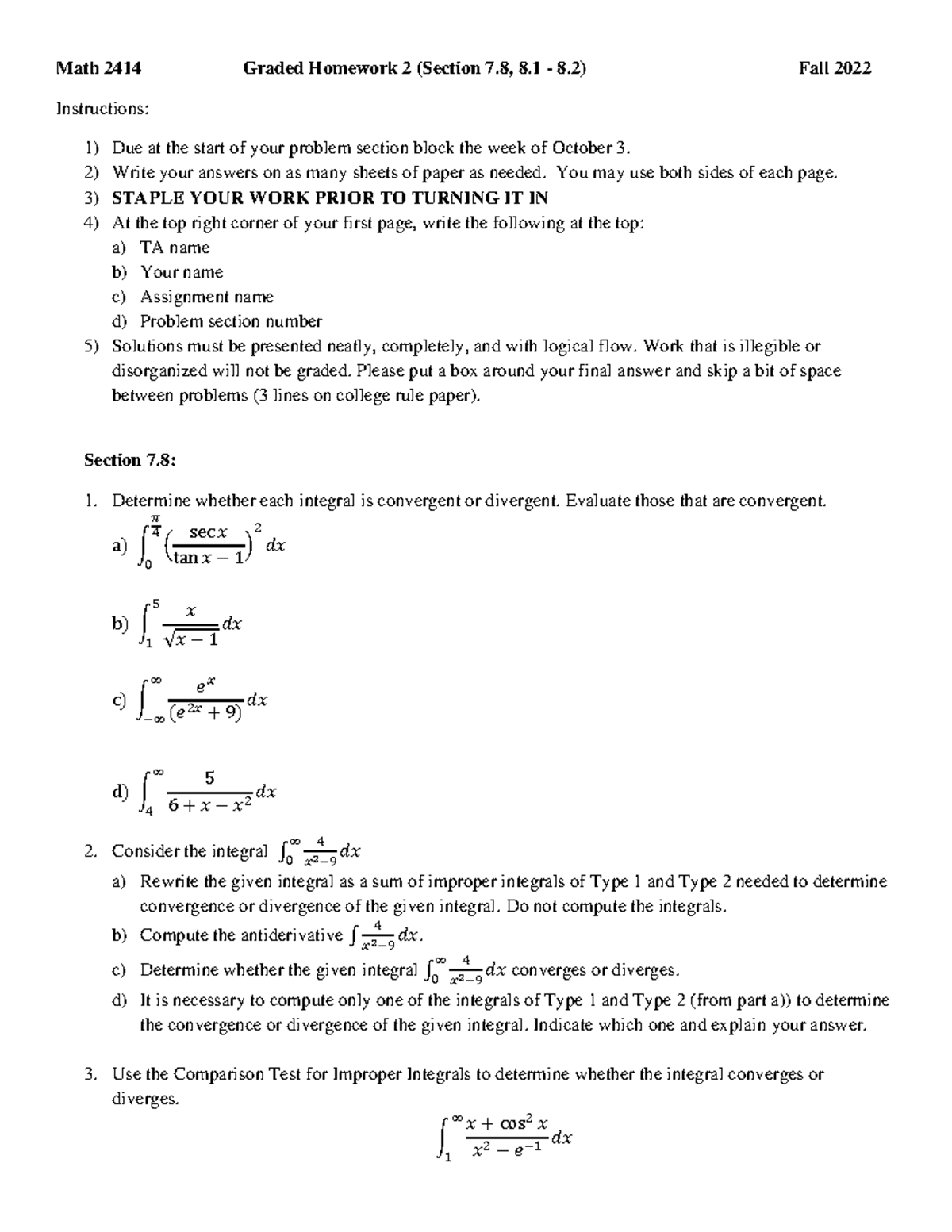 2414 GHW 2 F22 - assignment - Math 2414 Graded Homework 2 (Section 7, 8 ...