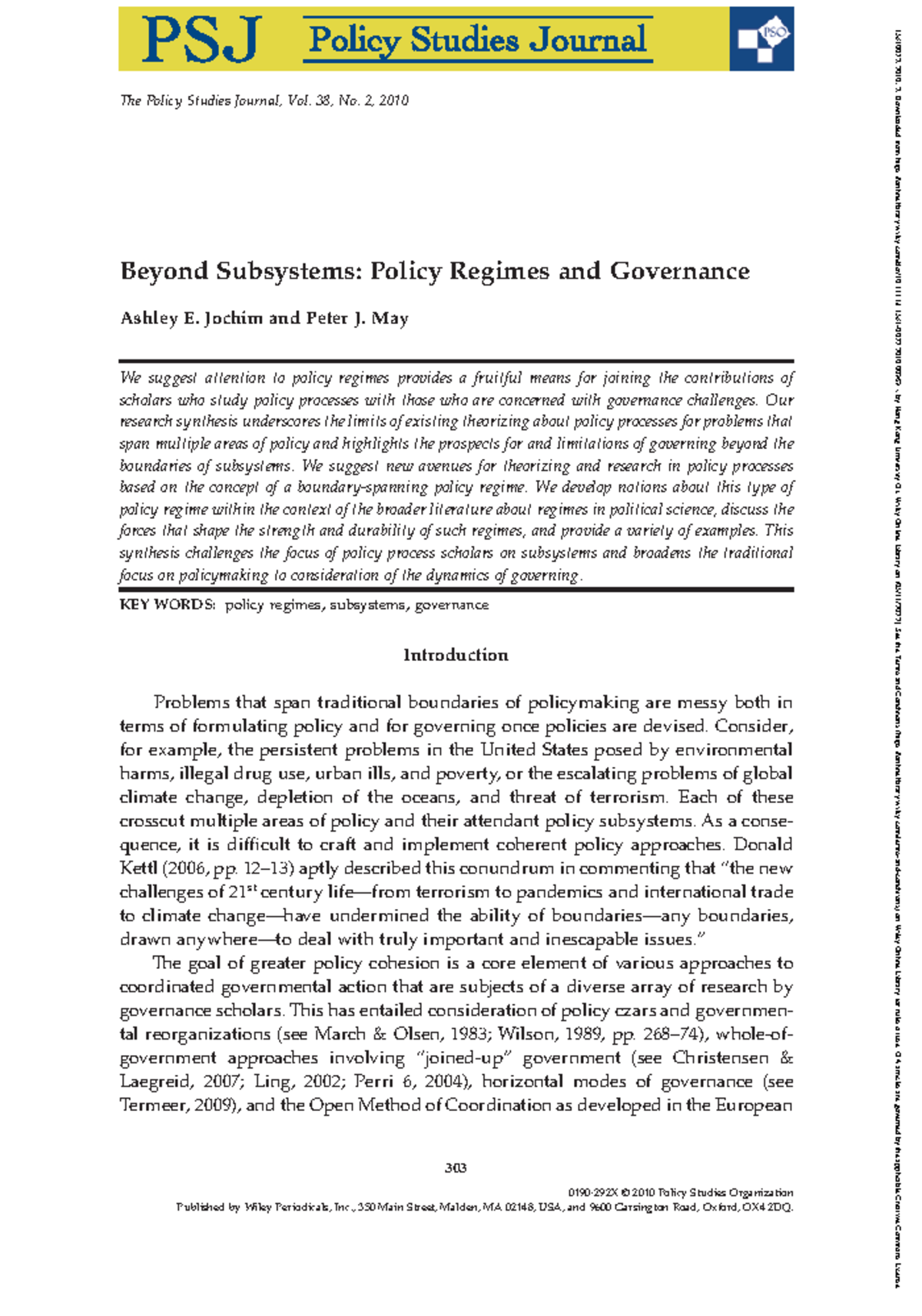 Policy Studies Journal 2010 Jochim Beyond Subsystems Policy