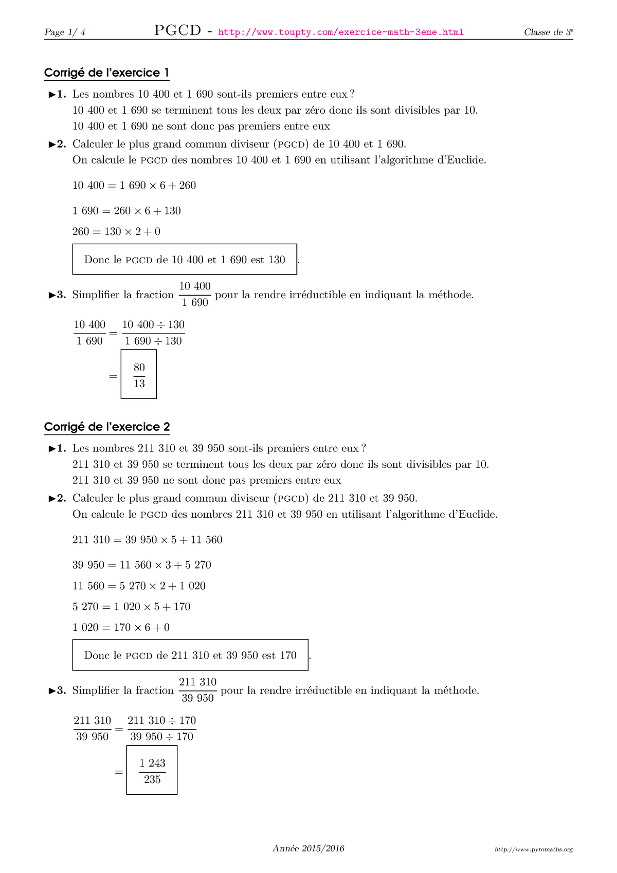 Pgcd-3-corrige - Bem - Corrigé De L’exercice 1 ï 1. Les Nombres 10 400 ...