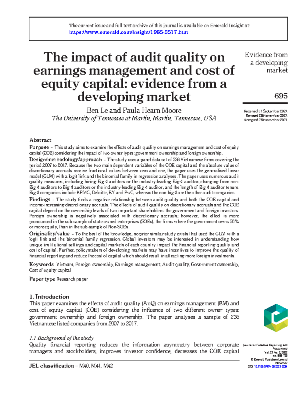 10-1108 JFRA-09-2021-0284 - The impact of audit quality on earnings ...