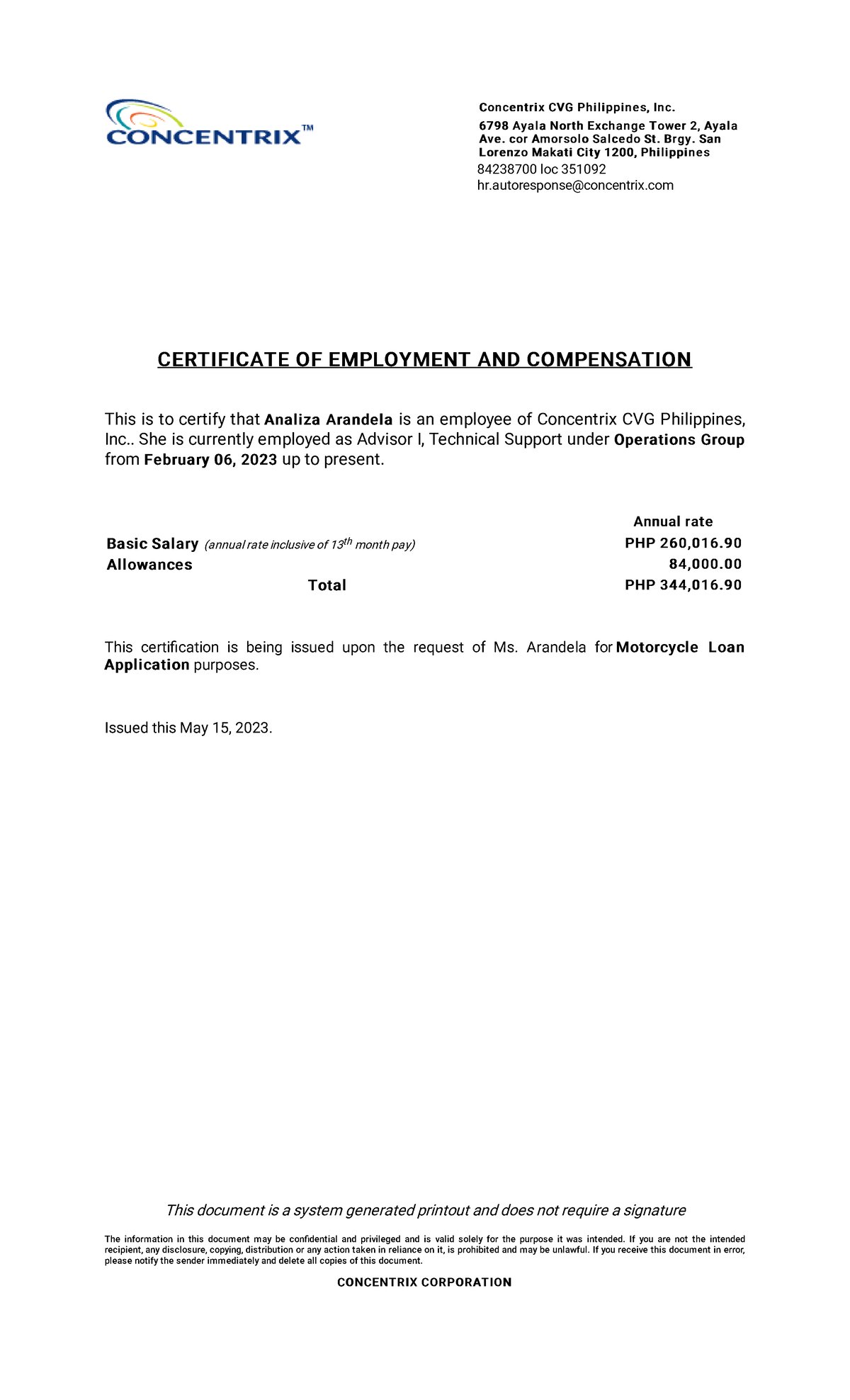 Certificateof Employment - Conce ntri x CVG Phi l i ppi ne s, Inc ntri ...