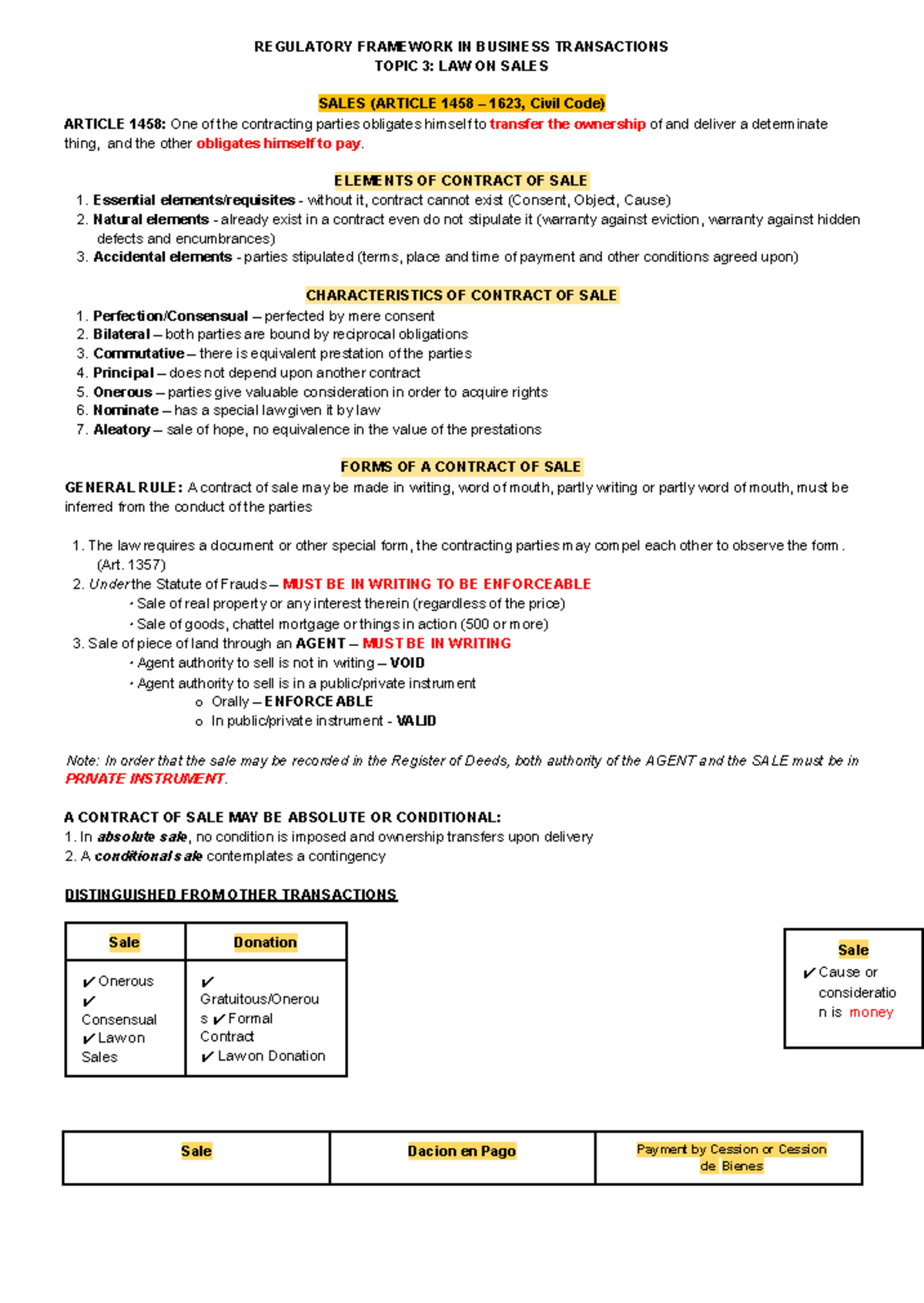 RFBT 03 - Law on Sales - REGULATORY FRAMEWORK IN BUSINESS TRANSACTIONS ...