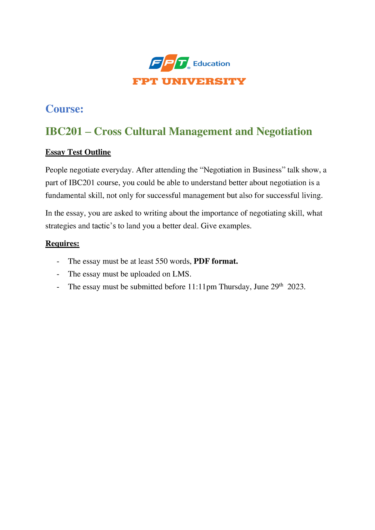 SU23-IBC201-Essay Test - Course: IBC201 – Cross Cultural Management And ...