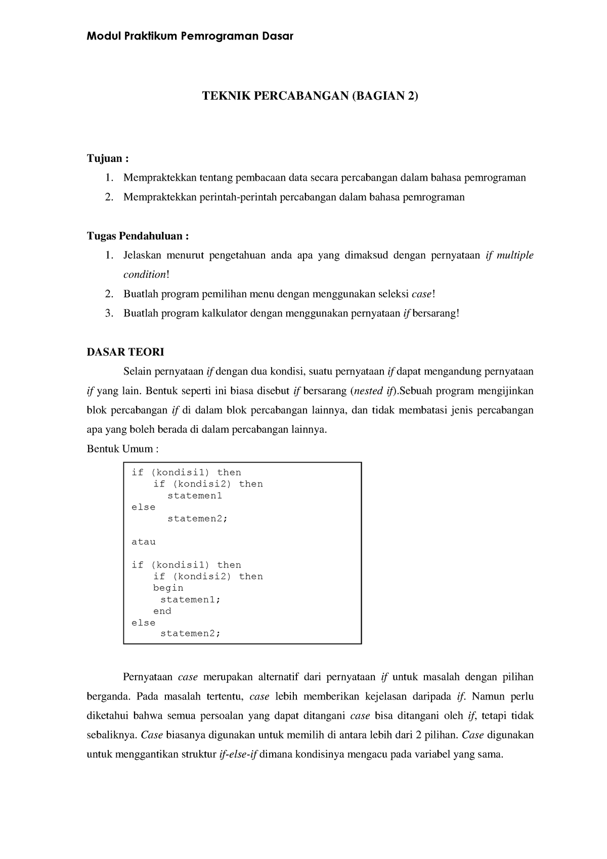 Modul Praktikum Pemrograman Dasar Percabangan - Tujuan : 1 ...