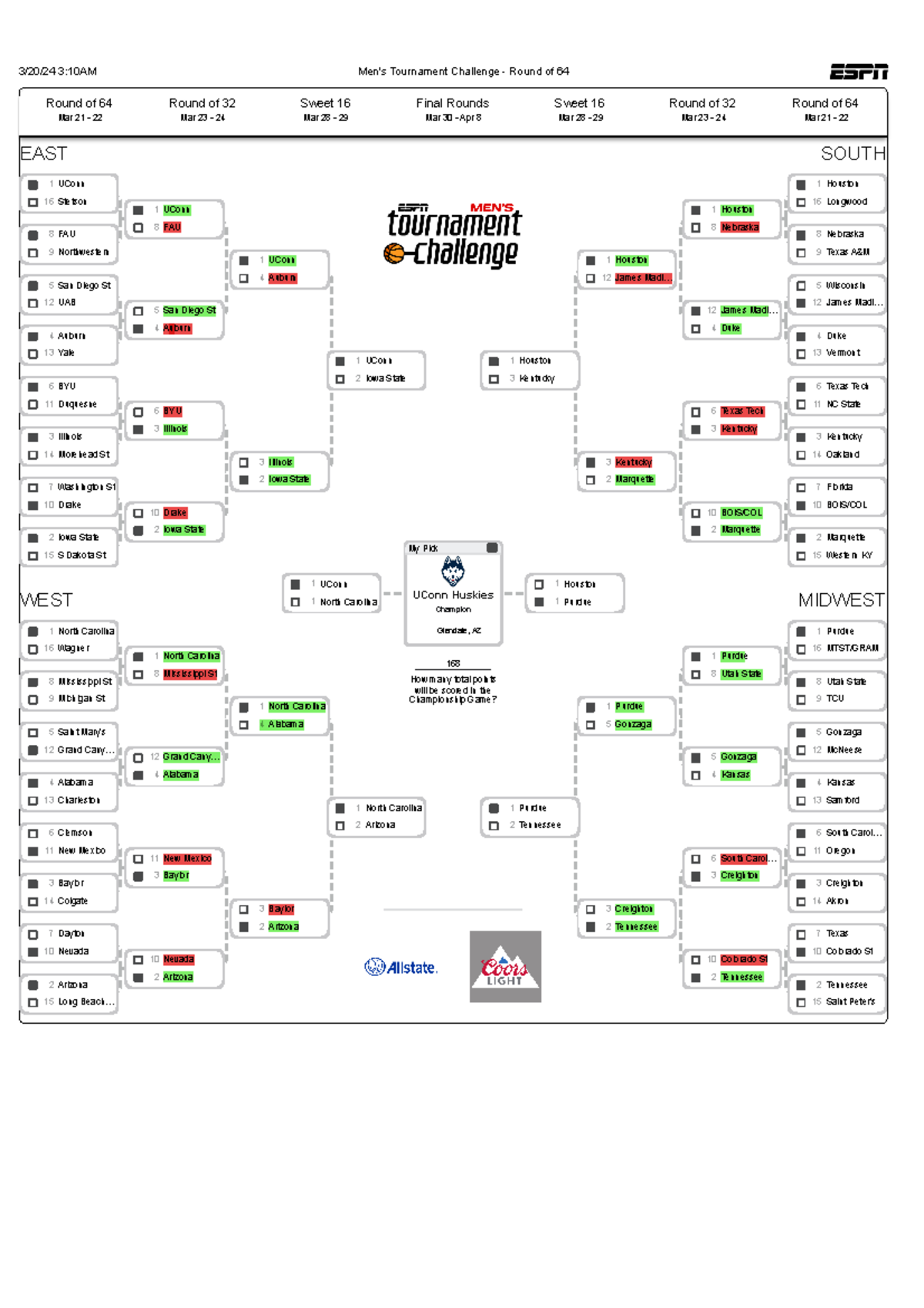 ESPN Men's Tournament Challenge Brackets 3/20/24 310AM Men's