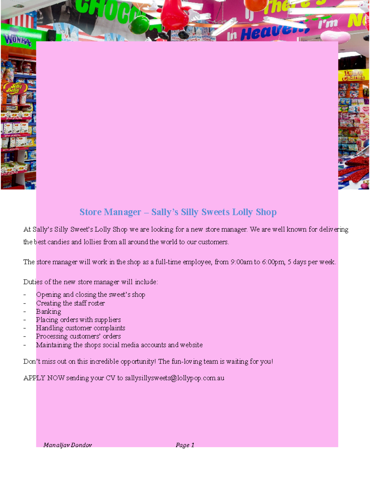 Sally s Silly Sweets job advertisement Store Manager Sally’s Silly