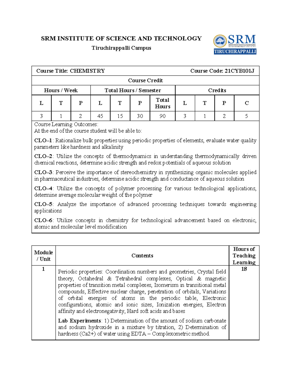 Chemistry syllabus - 🖕🖕🖕🖕🖕🖕 - SRM INSTITUTE OF SCIENCE AND TECHNOLOGY ...