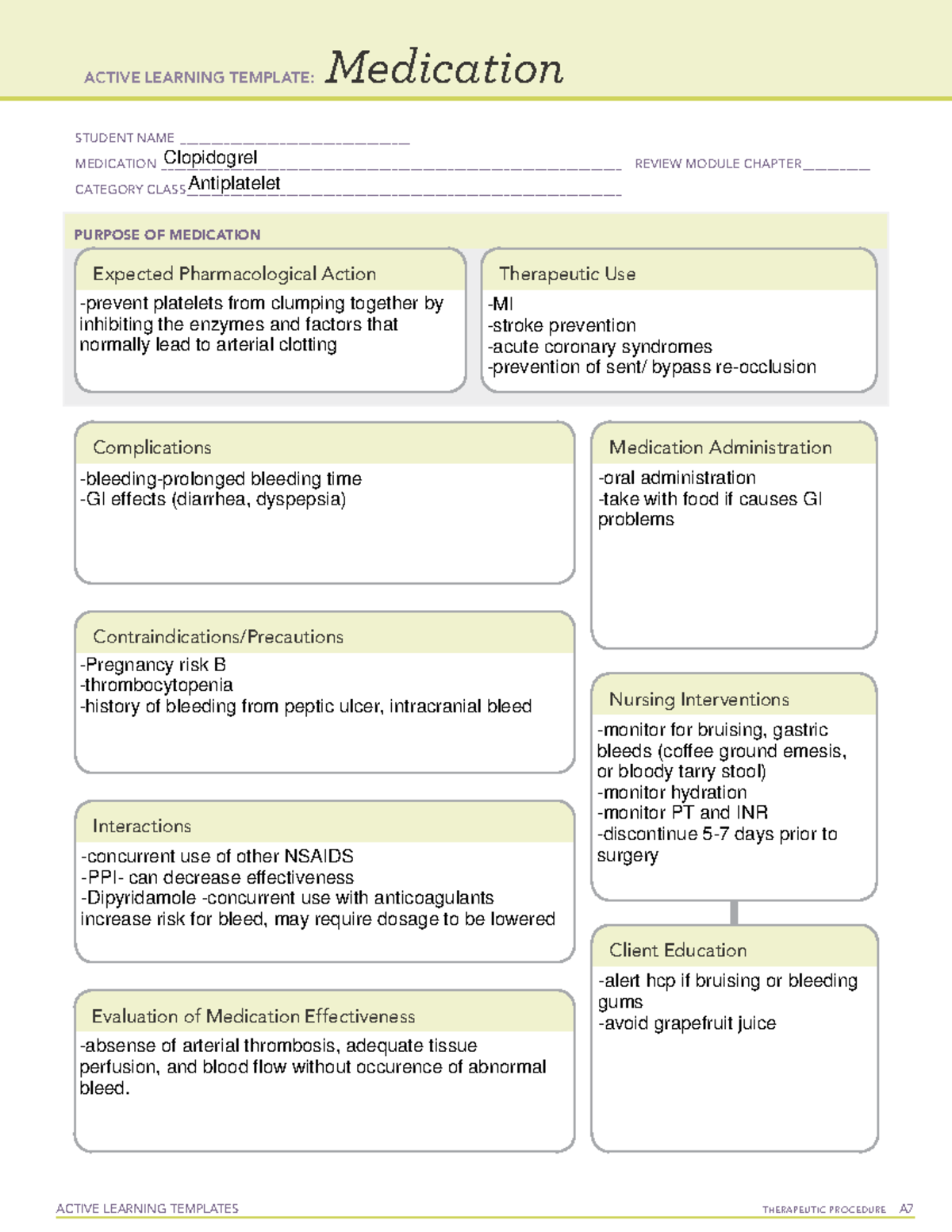 Medication Clopidogrel - Active Learning Templates Therapeutic 