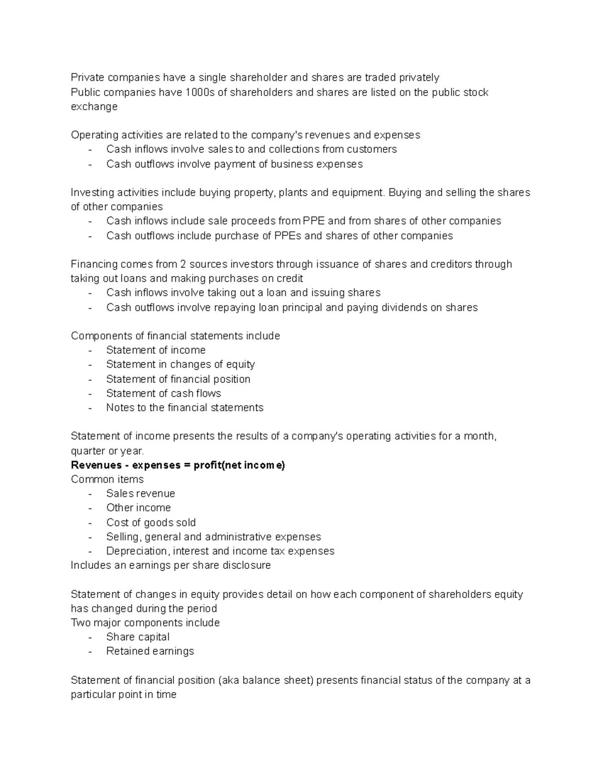 LEC 1-3 Accounting Notes - Private companies have a single shareholder ...