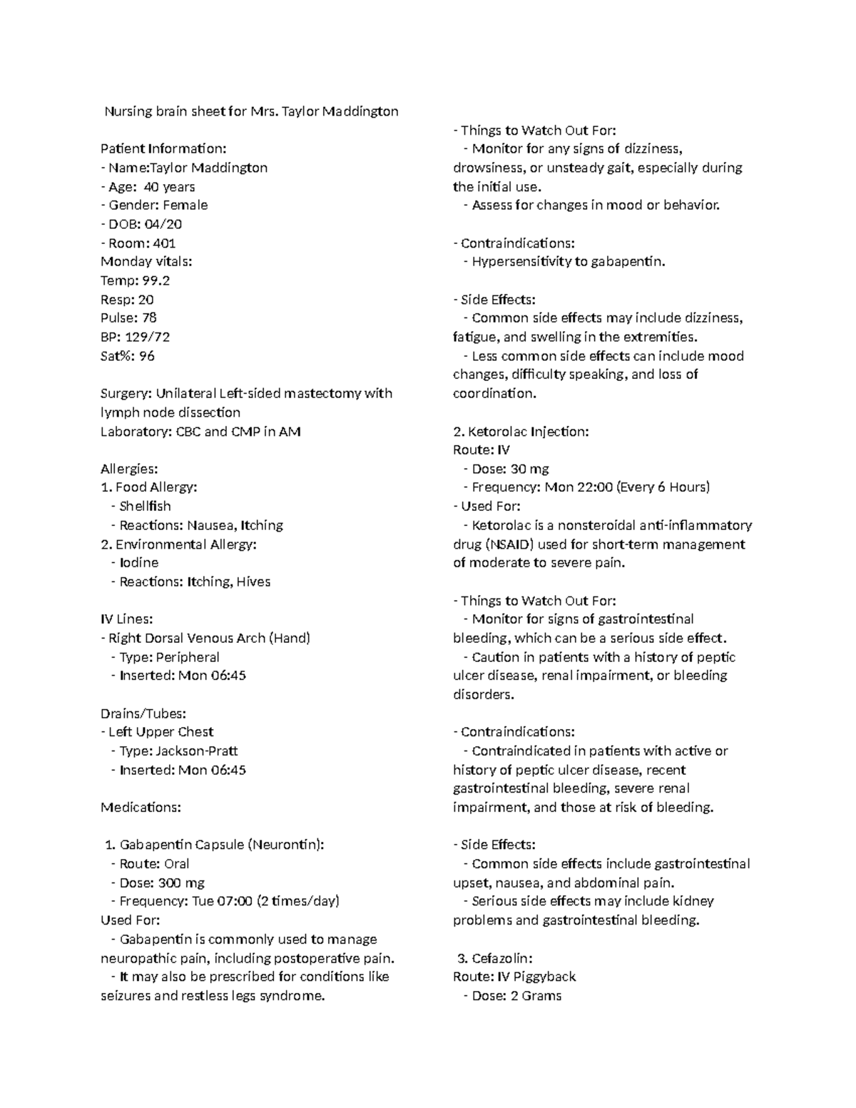 Nursing Brain copy - Nursing brain sheet for Mrs. Taylor Maddington ...