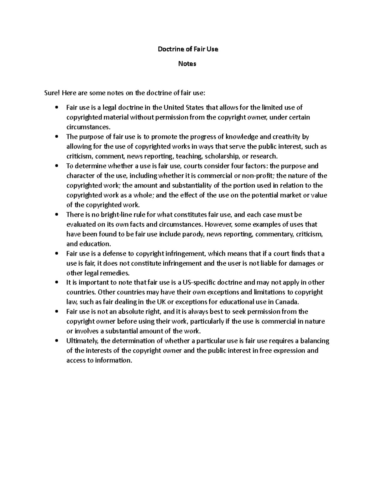 Doctrine of Fair Use Doctrine of Fair Use Notes Sure! Here are some