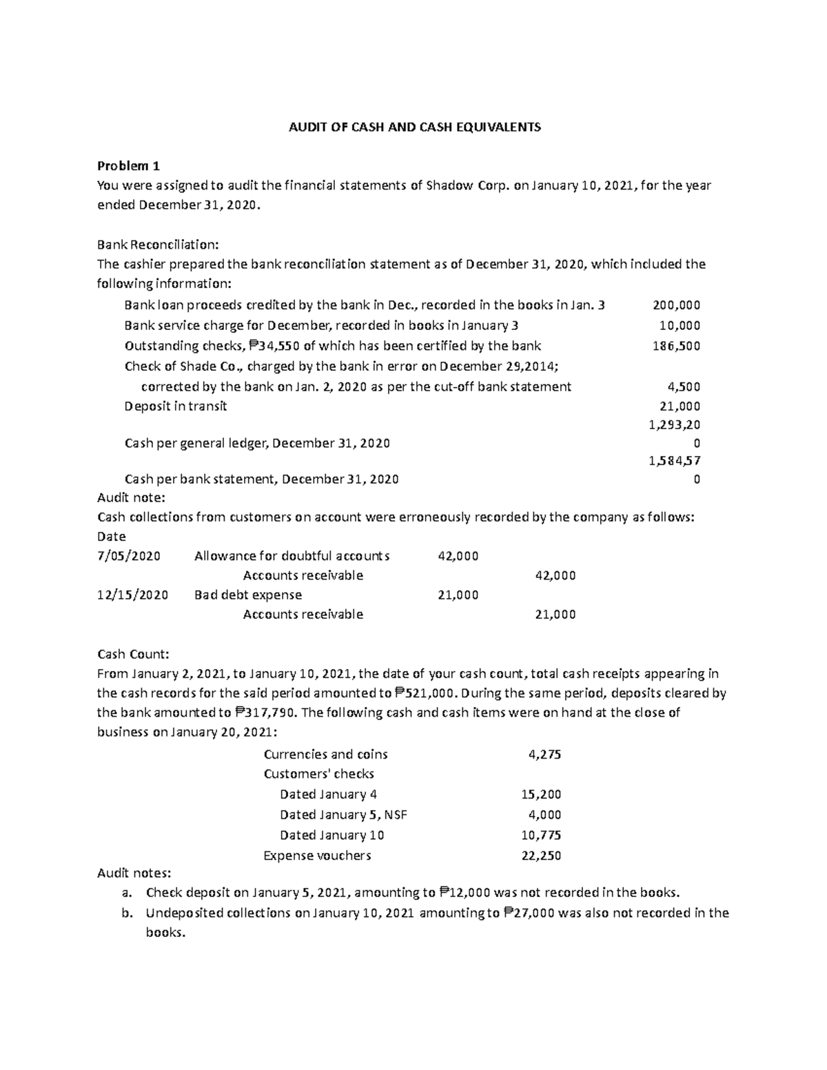 Audit OF CASH AND CASH Equivalents AUDIT OF CASH AND CASH EQUIVALENTS