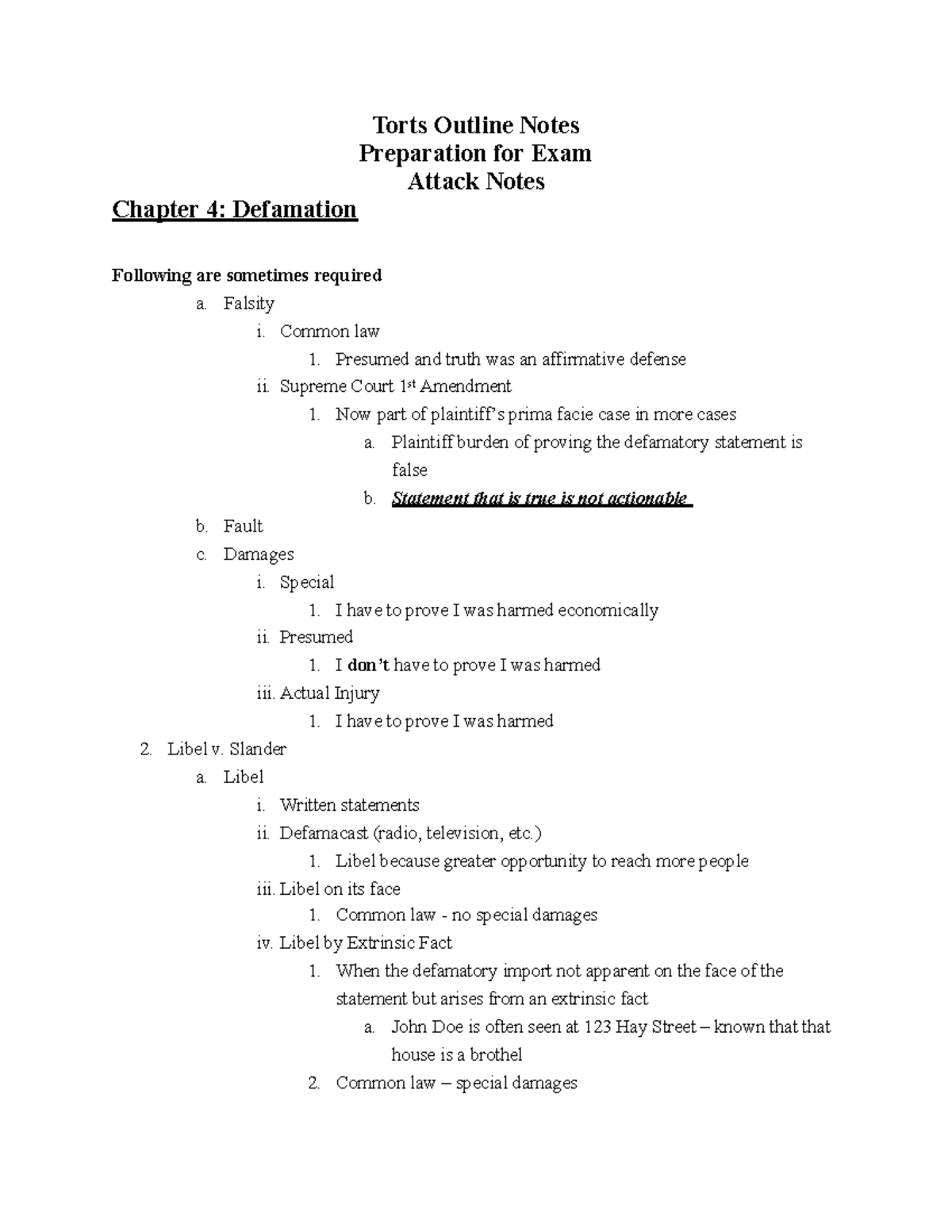 Chapter 4- Defamation - Libel v. Slander - Torts Outline Notes ...