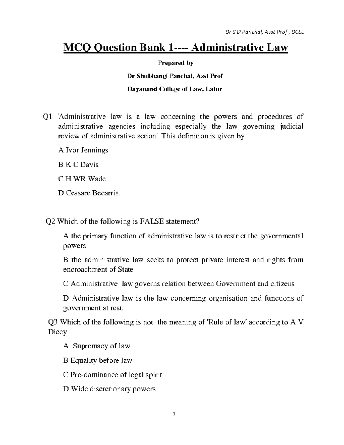 MCQ Question Bank Administrative Law - MCQ Question Bank 1 ...