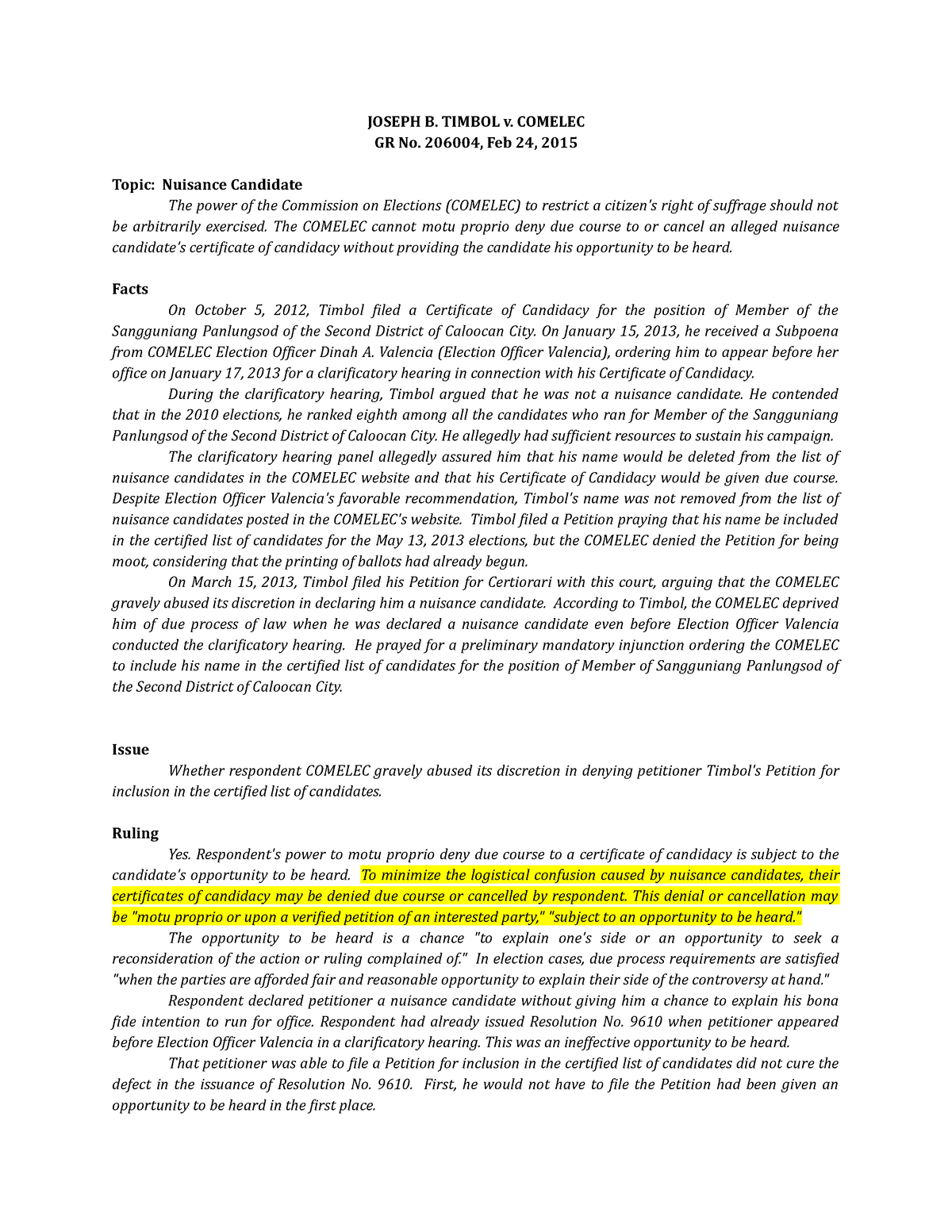 Timbol Vs. Comelec, GR No. 206004, February 24, 2015 - Digest - JOSEPH ...