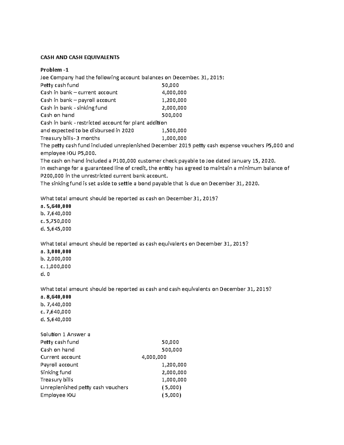 Solution - CASH AND CASH EQUIVALENTS Problem - Joe Company had the ...